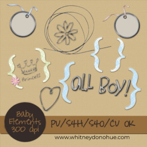 Preview of baby-themed digital scrapbook elements including tags, brackets, wire heart, crown, and 'All Boy!' word art in pastel colors