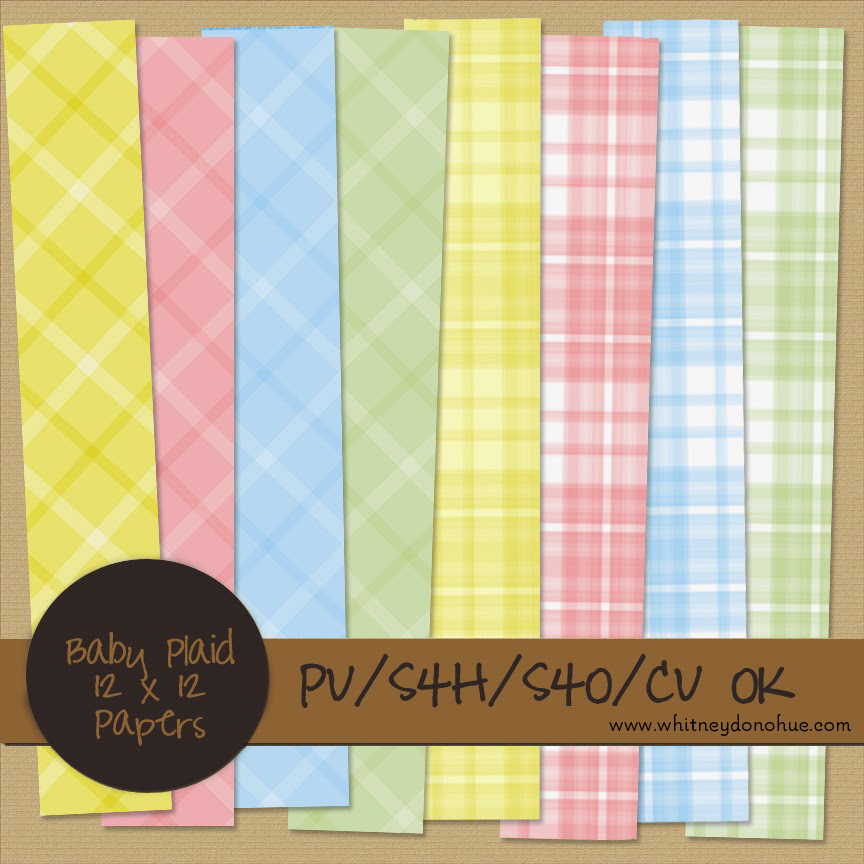 Preview Image of Baby Plaid 12x12 digital scrapbook papers in pastel pink, blue, green, and yellow.