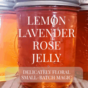 A jar of homemade lemon lavender rose jelly glowing in the light, with floral tones and delicate color