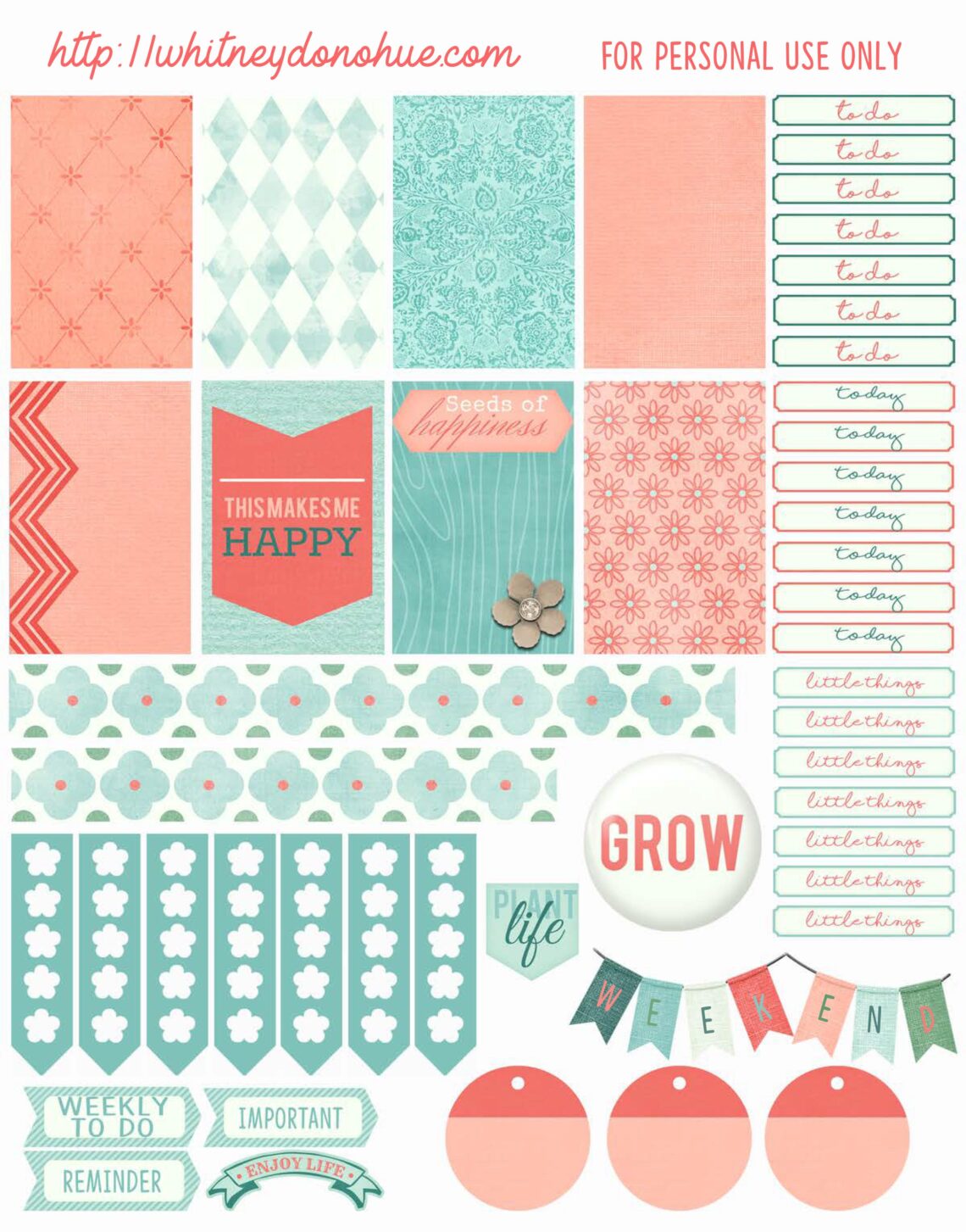 Soft teal and coral printable planner stickers featuring florals, banners, to-do labels, and "Seeds of Happiness" graphics.