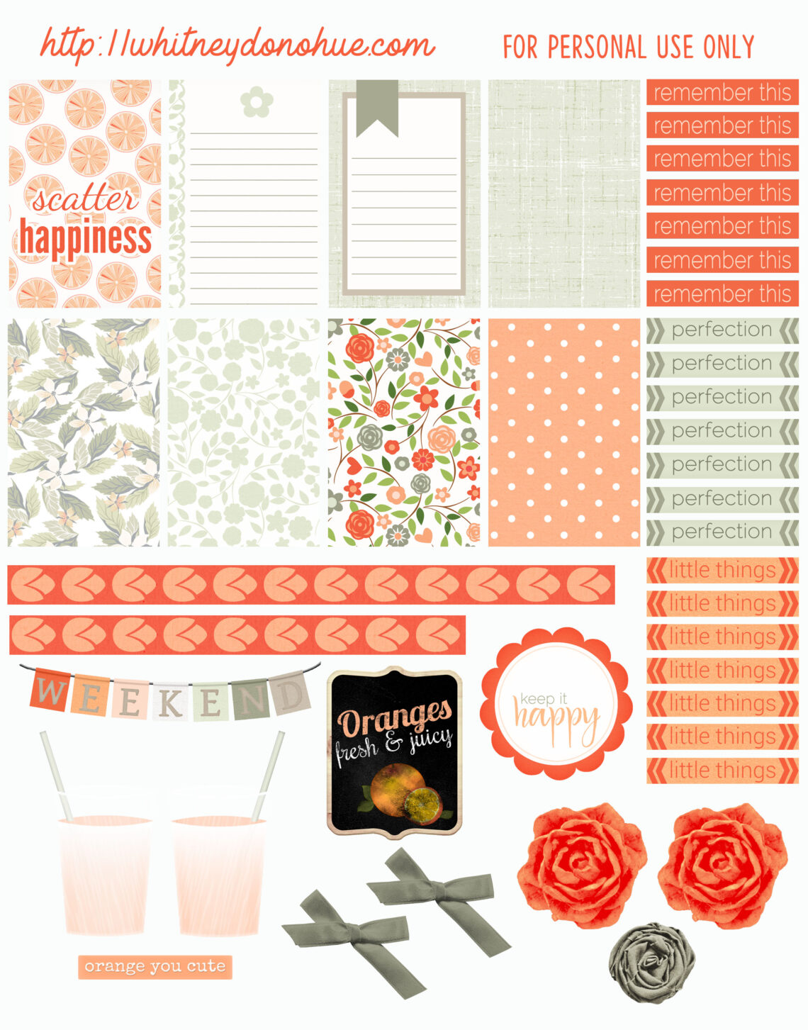 Free Happy Planner printable stickers featuring oranges, florals, labels, weekend banners, and cheerful accents in orange, sage, and cream tones.
