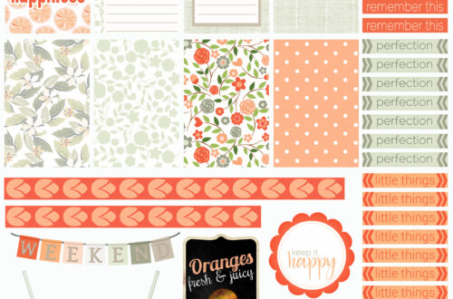 Free Happy Planner printable stickers featuring oranges, florals, labels, weekend banners, and cheerful accents in orange, sage, and cream tones.