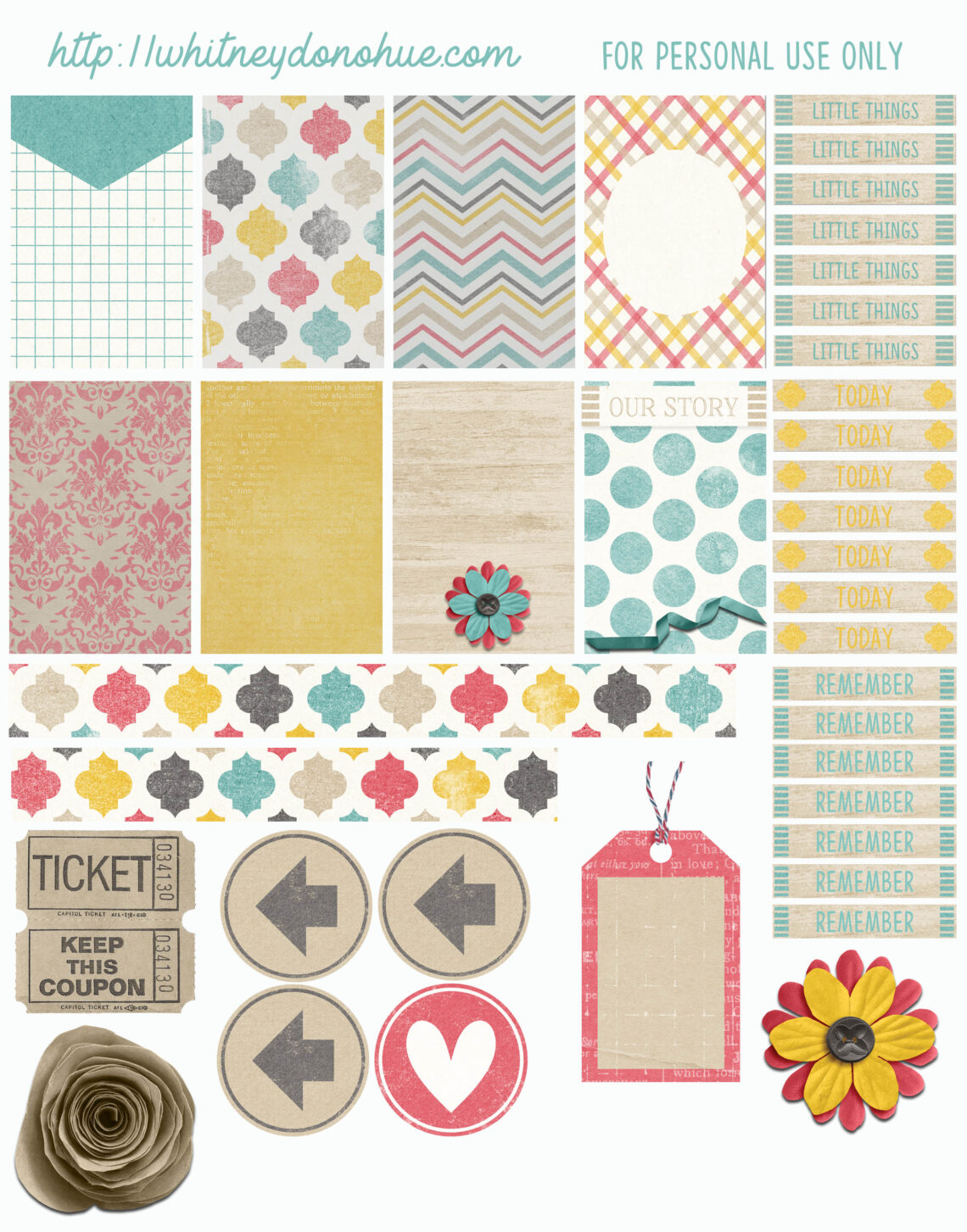 Printable Happy Planner stickers in soft retro colors, including florals, labels, arrows, and decorative blocks.