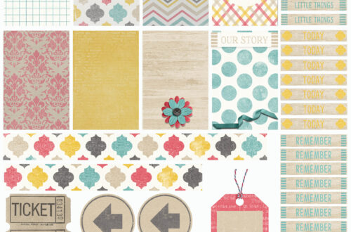 Printable Happy Planner stickers in soft retro colors, including florals, labels, arrows, and decorative blocks.
