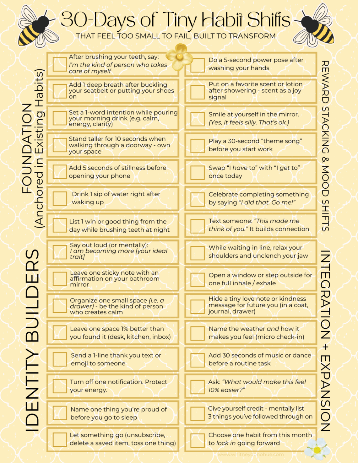 Printable planner page titled 30 Days of Tiny Habit Shifts with bee and floral accents designed by Whitney Donohue