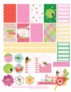 Preview of Berry Sweet Bee Happy Planner printable sheet, featuring bees, florals, tags, and washi strips in bright spring colors.