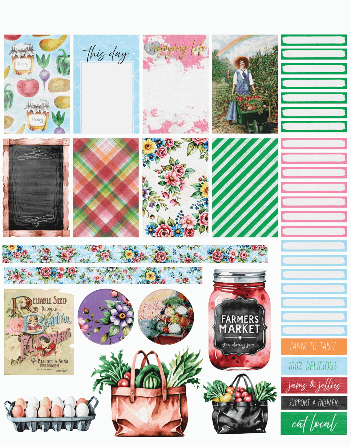 Colorful printable sticker sheet with watercolor vegetables, florals, washi strips, full boxes, and farmer’s market-themed accents.