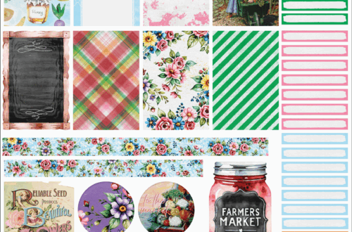 Colorful printable sticker sheet with watercolor vegetables, florals, washi strips, full boxes, and farmer’s market-themed accents.