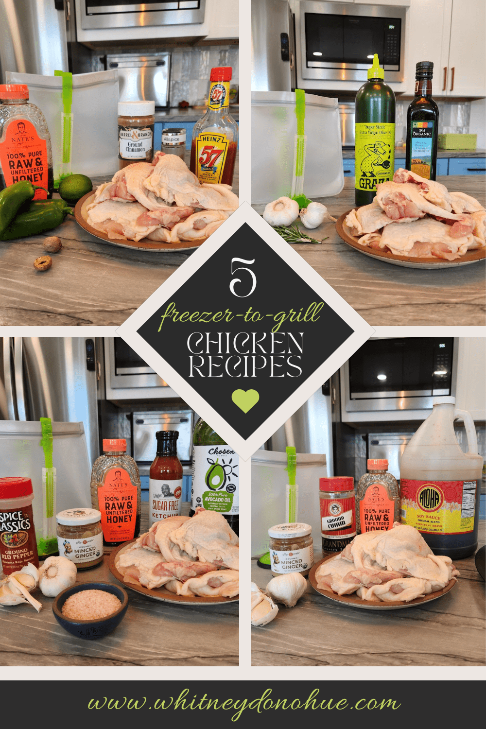 Prep station with five different chicken marinades displayed with ingredients and freezer bags, promoting a summer meal prep series titled “5 Freezer-to-Grill Chicken Recipes.”