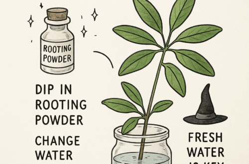 Hand-drawn printable schefflera propagation guide with watercolor accents and witchy charm