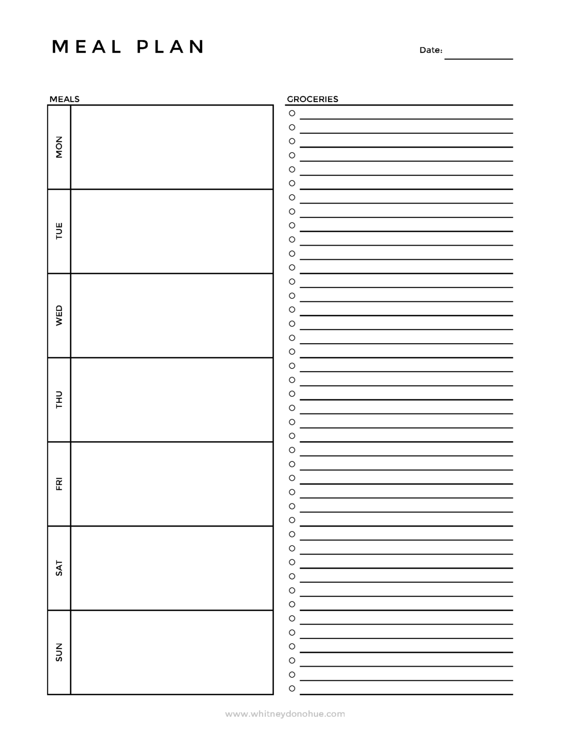 Minimalist weekly meal planner printable with meal slots for each day and a grocery list section.