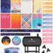 Backyard Summer Weekly Planner Printable sticker sheet with vibrant summer designs, including BBQ grill, starry night washi, summer quotes, and decorative labels for Happy Planner Classic.