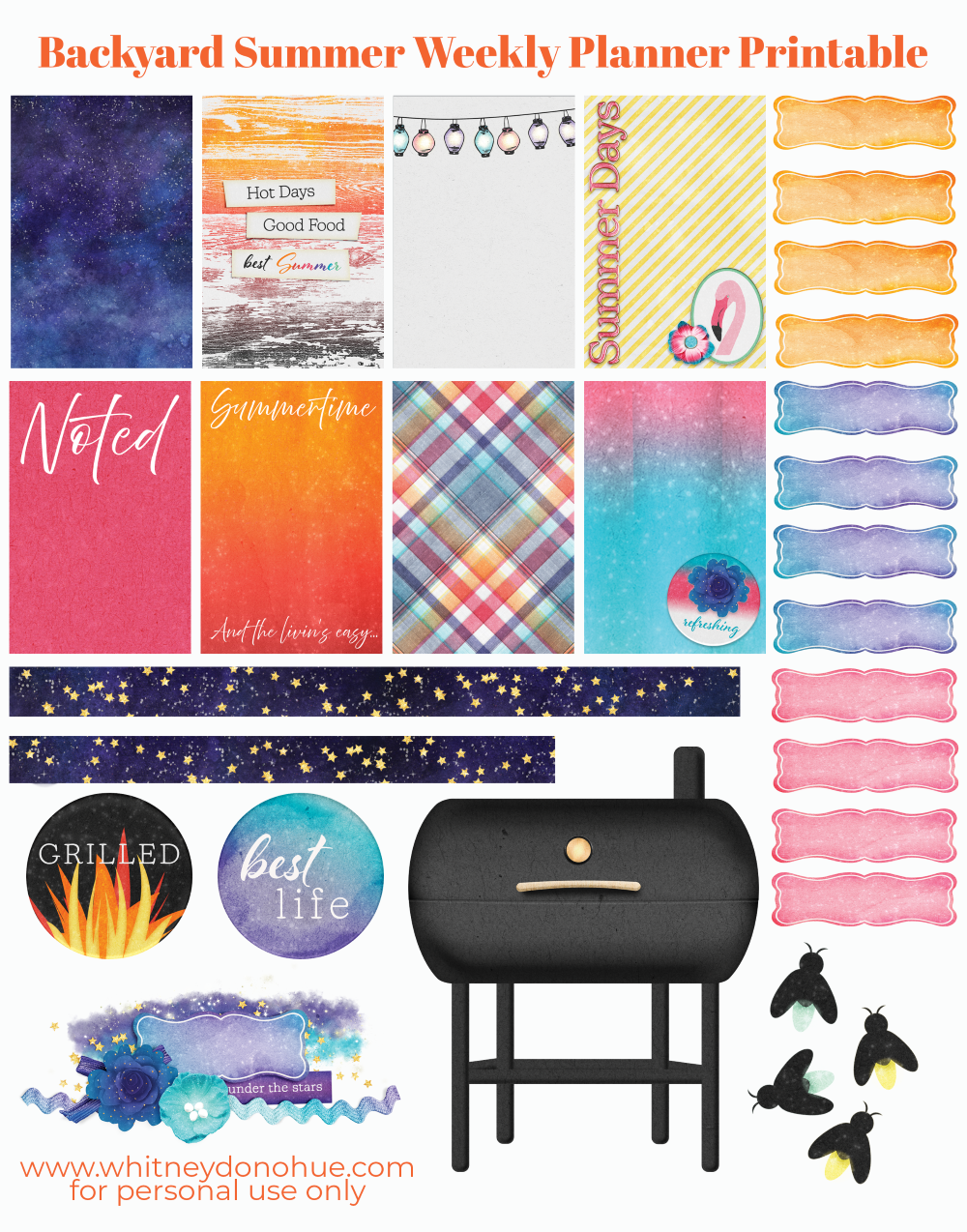 Backyard Summer Weekly Planner Printable sticker sheet with vibrant summer designs, including BBQ grill, starry night washi, summer quotes, and decorative labels for Happy Planner Classic.