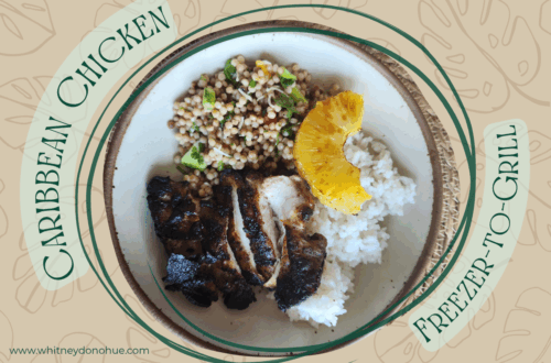 Graphic image featuring a tropical-inspired dinner plate with grilled Caribbean chicken, coconut rice, roasted pineapple, and Israeli couscous salad. Decorative background with leaf pattern and curved green text reading “Caribbean Chicken” and “Freezer-to-Grill.”