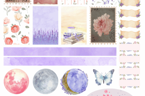 Printable planner sticker sheet with watercolor florals, moons, butterflies, washi strips, and a vintage-style bath, themed around the full moon and lavender rose magic.