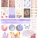 Printable planner sticker sheet with watercolor florals, moons, butterflies, washi strips, and a vintage-style bath, themed around the full moon and lavender rose magic.
