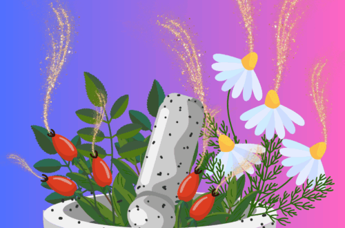 itha Herbal Circle Ritual graphic for the Summer Solstice, featuring a mortar and pestle filled with fresh summer herbs and chamomile flowers, sparkling golden magical energy, and a vibrant blue-to-pink twilight gradient background. Gold Wheel of the Year symbol and website URL at the bottom.