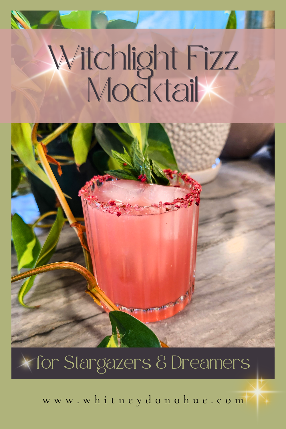 Pinterest graphic featuring a pink Witchlight Fizz mocktail in a faceted glass, rimmed with raspberry citrus salt and garnished with mint. Surrounded by trailing houseplants, with text overlay: Witchlight Fizz Mocktail – for Stargazers & Dreamers.