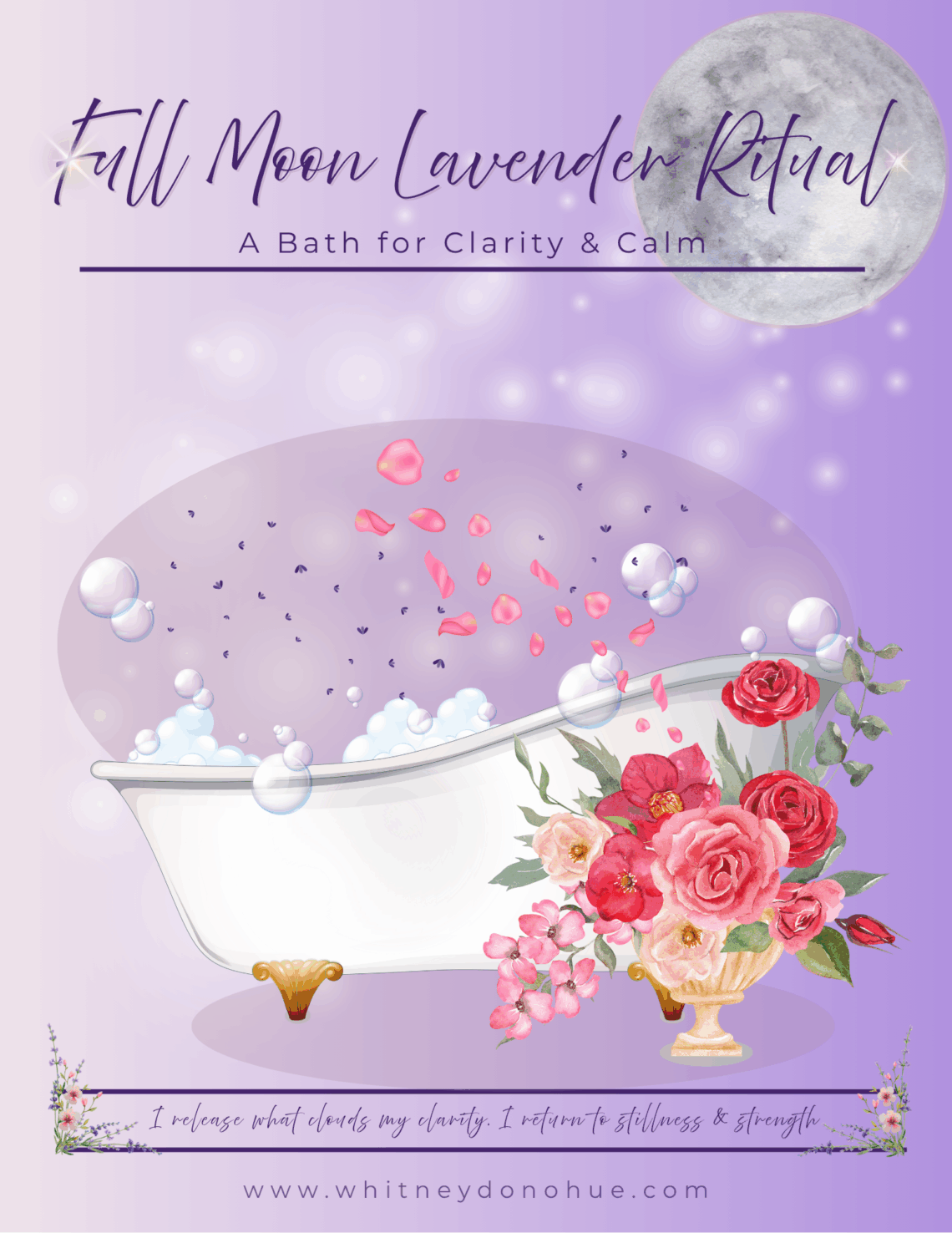 Illustration of a full moon ritual bath with a vintage white clawfoot tub, lavender petals, and roses. Surrounded by bubbles and a glowing full moon, symbolizing clarity and calm.