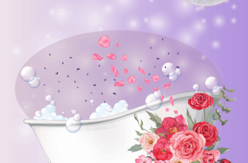 Illustration of a full moon ritual bath with a vintage white clawfoot tub, lavender petals, and roses. Surrounded by bubbles and a glowing full moon, symbolizing clarity and calm.