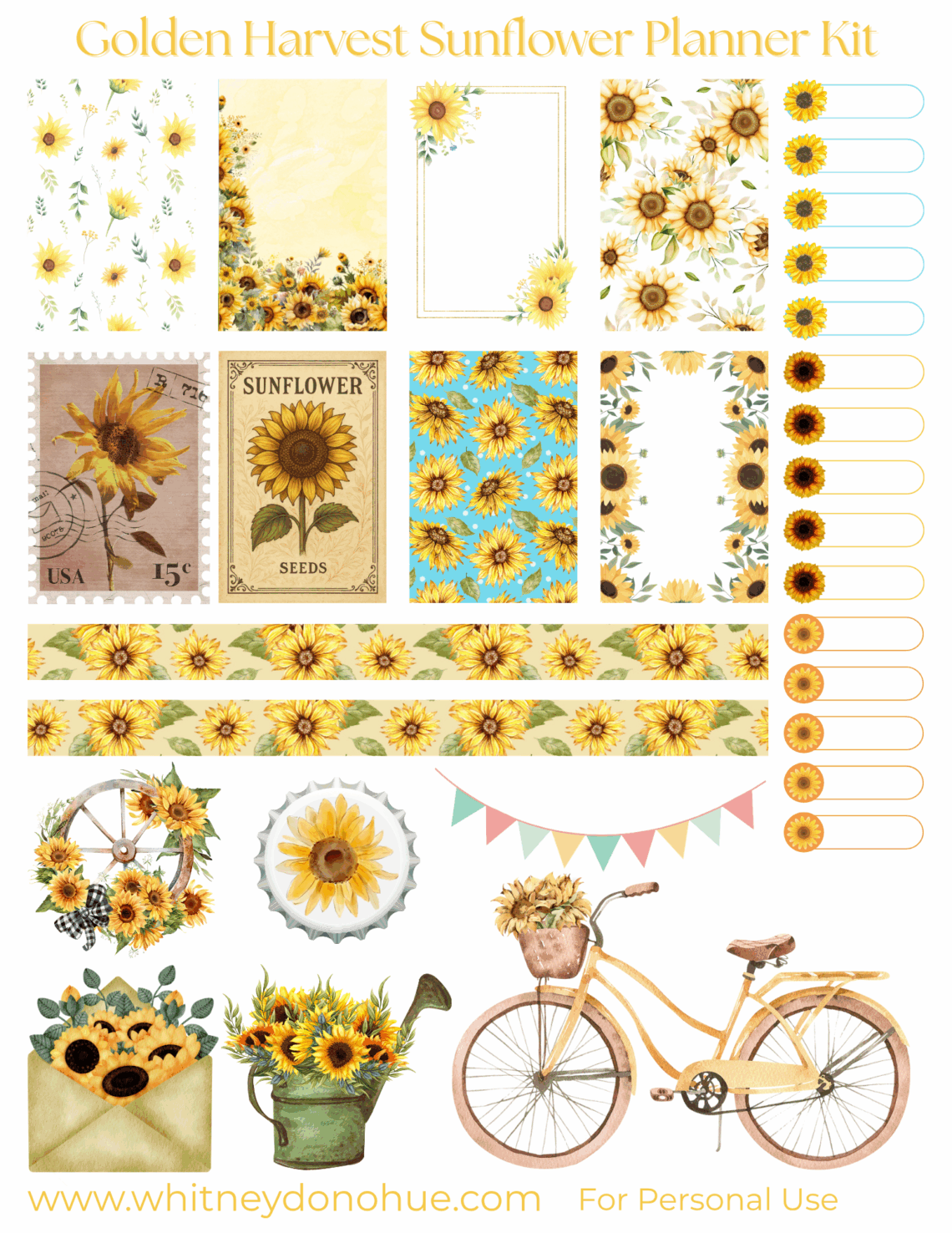 Golden Harvest Sunflower Planner Kit printable page, featuring vintage sunflower stickers, decorative boxes, and cheerful yellow floral accents for planners and journals.