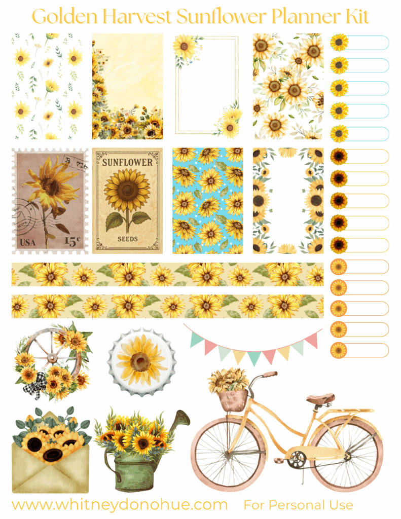 Golden Harvest Sunflower Planner Kit printable page, featuring vintage sunflower stickers, decorative boxes, and cheerful yellow floral accents for planners and journals.