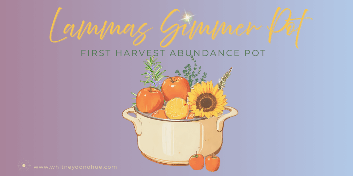Simmer pot filled with apples, herbs, orange slices, and a sunflower, symbolizing the first harvest for a Lammas ritual. Purple and blue gradient background with golden script reading “Lammas Simmer Pot – First Harvest Abundance Pot.”