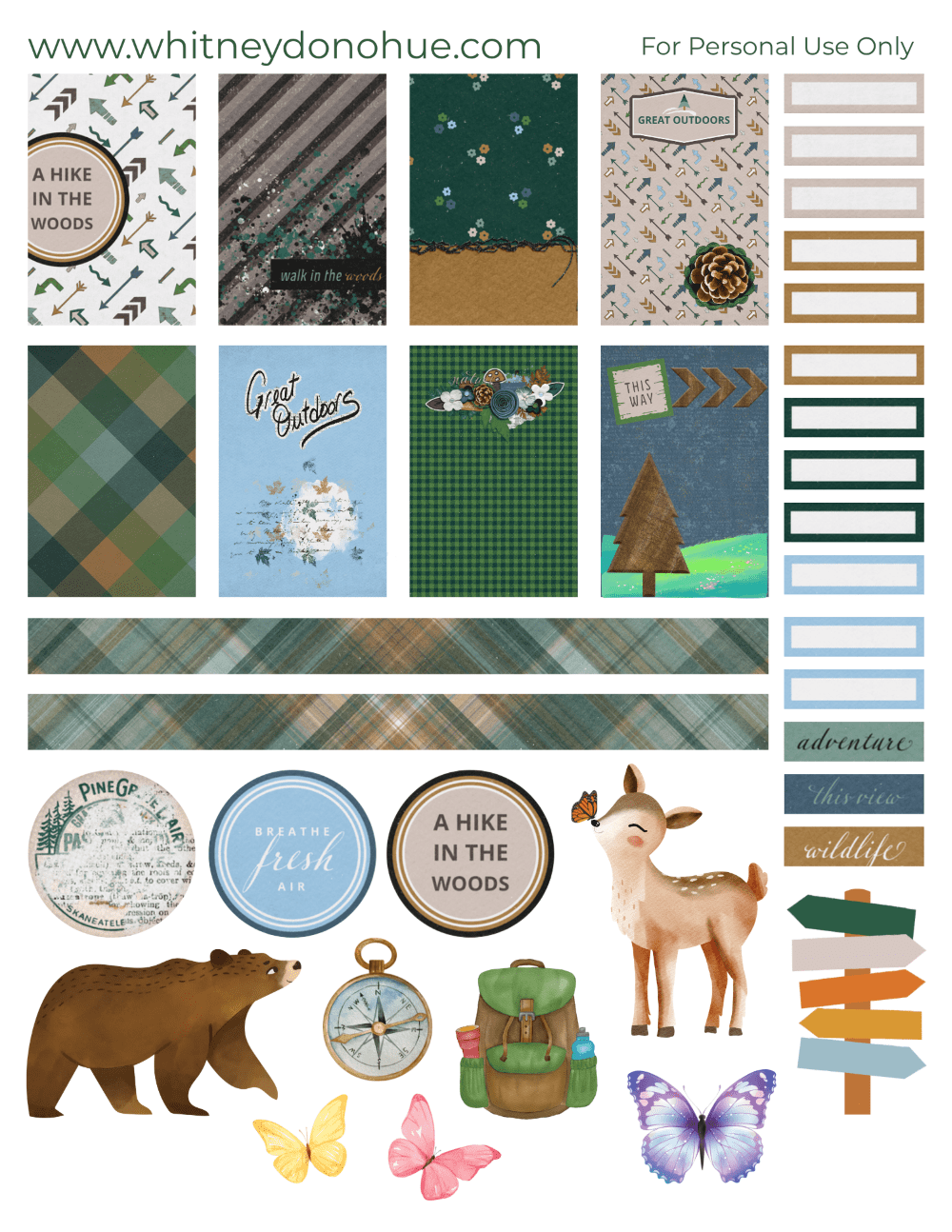Weekly planner printable with forest-themed boxes, woodland animals, plaid washi strips, and hiking-inspired icons